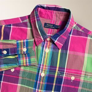 Polo Ralph Lauren Bright Plaid Shirt Cotton Green Pink Blue Long Sleeve Men's L